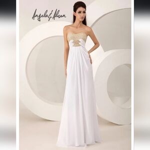 Angela and Alison Strapless White Gown with Gold Embellished Bodice - Size 4